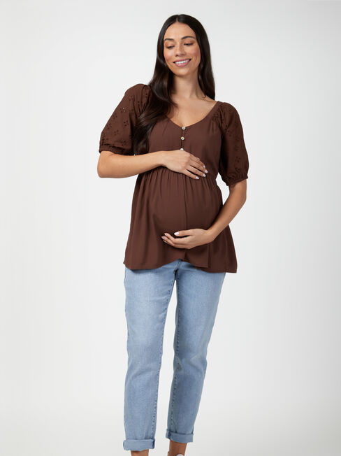 Marley Broderie Maternity Top, Brown, hi-res