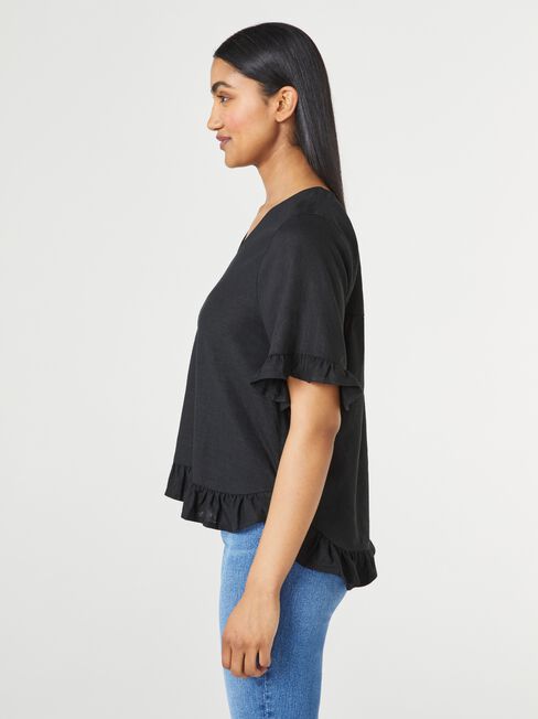 Ivy V-Neck Ruffle Top, Black, hi-res