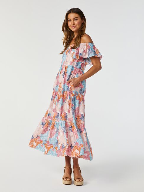 Coral Tiered Summer Midi Dress, Yellow, hi-res