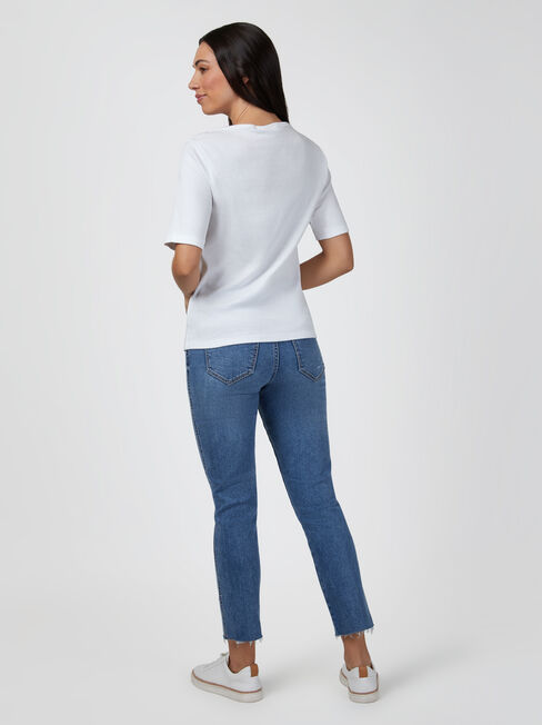 Rib Elbow Sleeve Boatneck Tee, White, hi-res