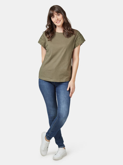 Beth Broderie Trim Tee, Green, hi-res