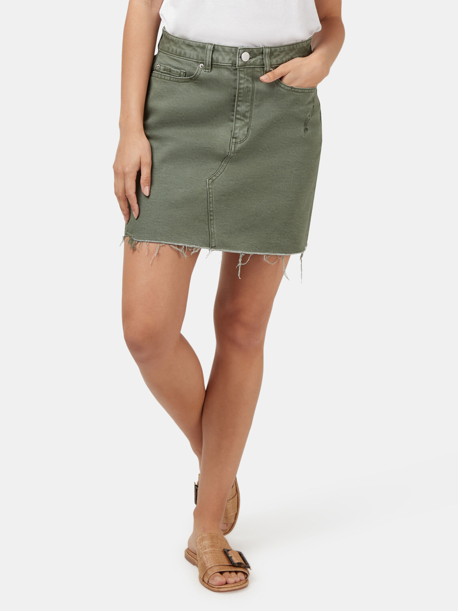 Khaki distressed online denim skirt