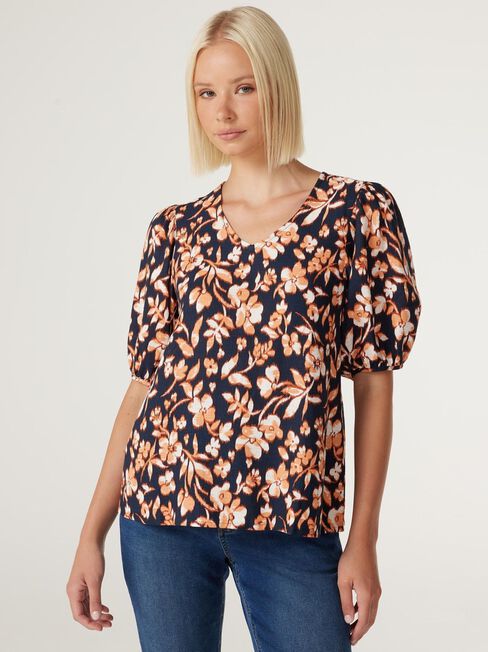 Maya V-Neck Top, Blurred Rust Floral, hi-res