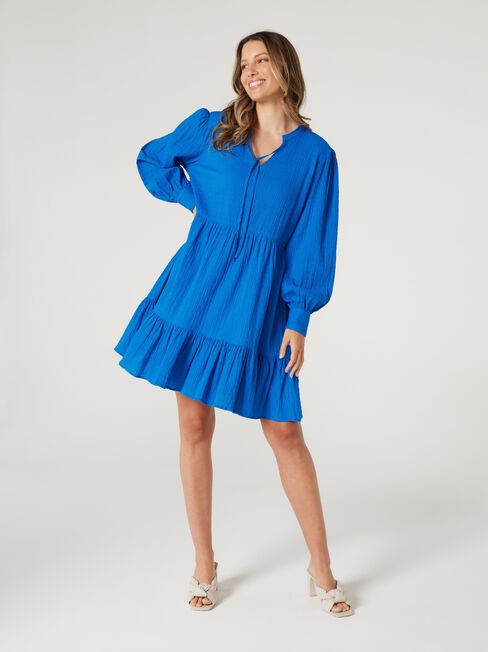 Ellay Tie Neck Blouson Slv Dress, Blue, hi-res