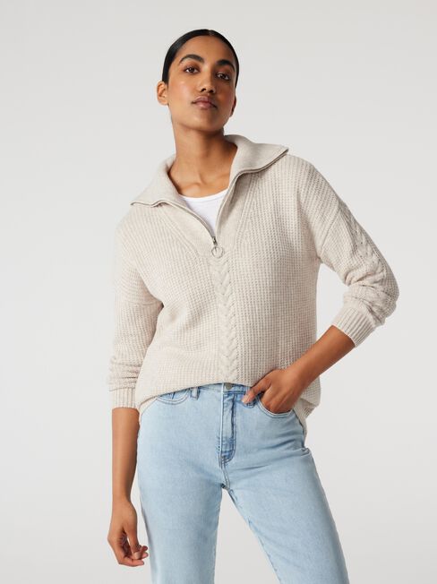 Emily Zip Front Pullover, Bone, hi-res