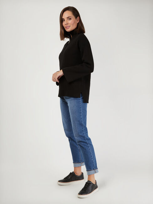 Gloria High Neck Half Zip Knit, Black, hi-res