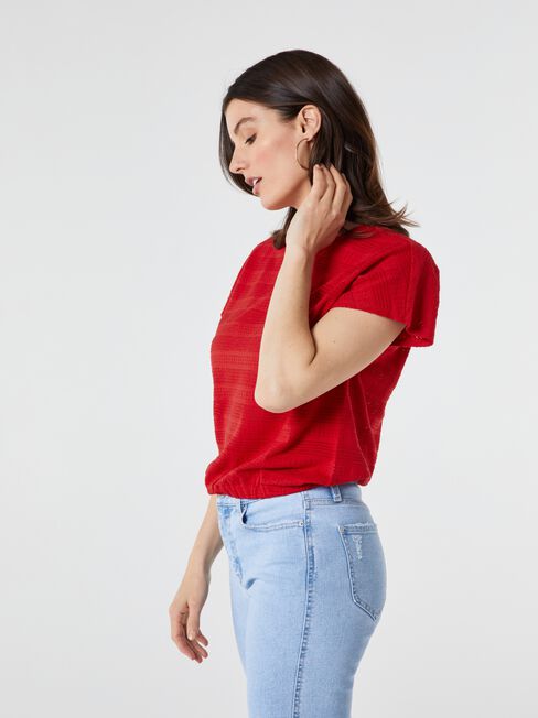Thea Pointelle Bubble Hem Top, Red, hi-res