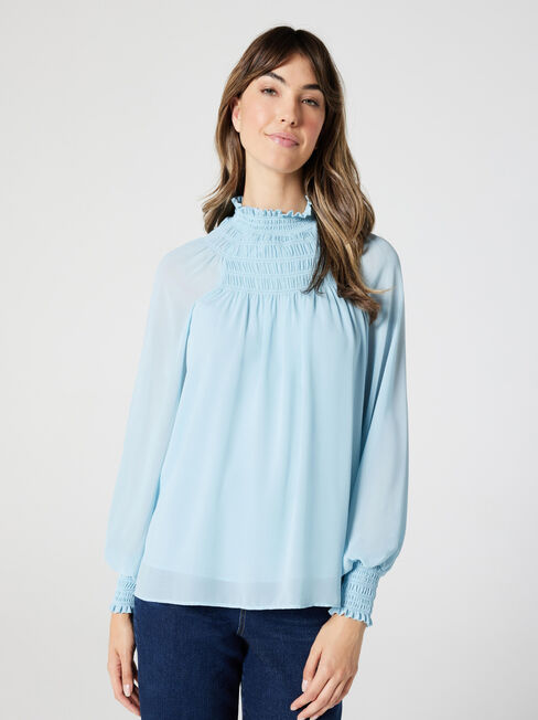 Sienna Shirred Neck Raglan Blouse, Powder Blue, hi-res