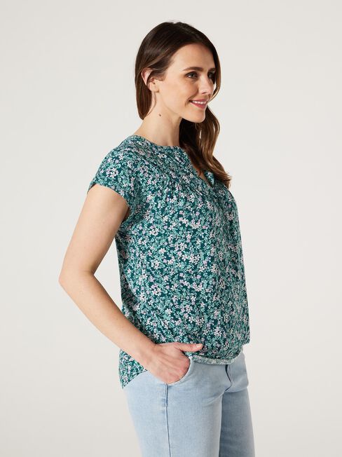 Heather Button Front Top, Green Blossom, hi-res