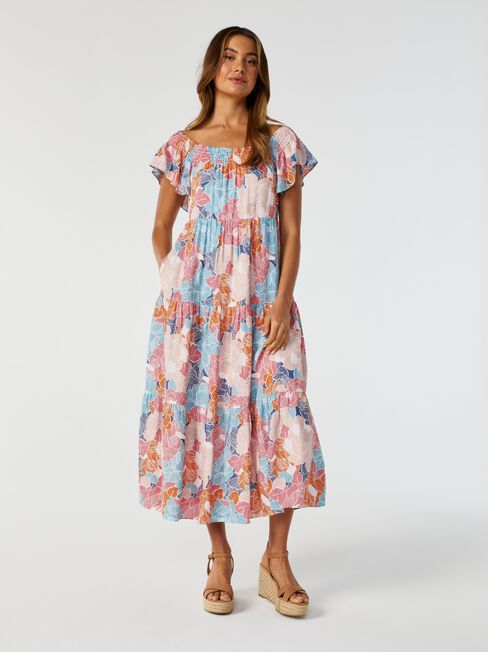 Coral Tiered Summer Midi Dress, Yellow, hi-res