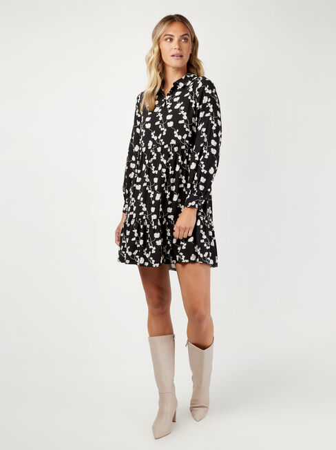 Isla Half Button Tiered Dress, Black, hi-res