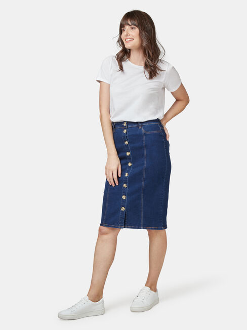 Denim Button Thru Skirt, Blue, hi-res