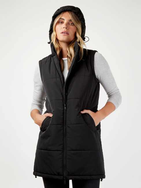 Belinda Longline Padded Vest, Black, hi-res