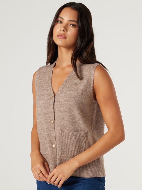 Havana Button Front Vest, Taupe, hi-res