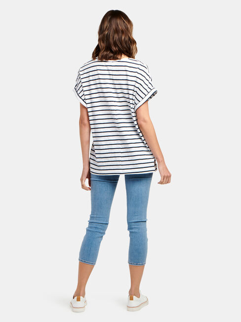 Drop Shoulder Tee, White & Navy Stripe, hi-res