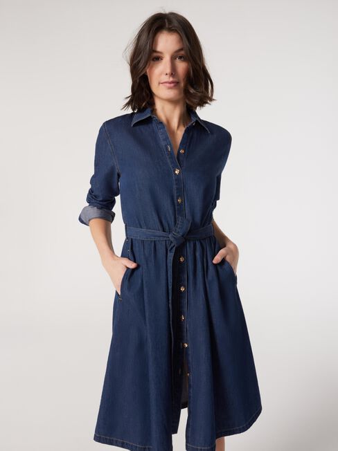 Dominique Denim Shirt Dress, Blue, hi-res