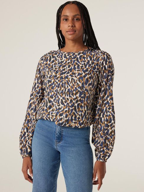 Jenna Elastic Waist Top, Blurred Animal, hi-res