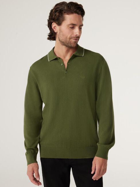 Eric Tipped Long Sleeve Polo, Olive, hi-res