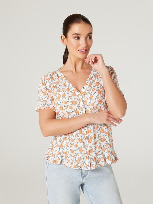Angela Button Through Top, Trailing Floral, hi-res