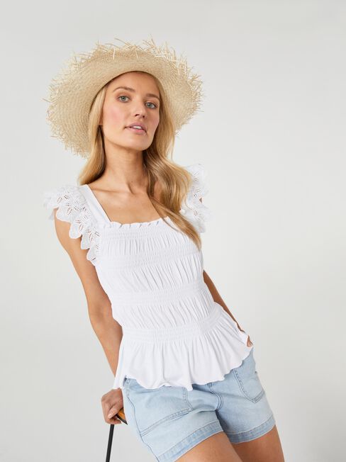 Faith Smocked Jersey Top, White, hi-res