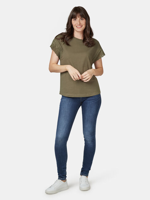 Beth Broderie Trim Tee, Green, hi-res