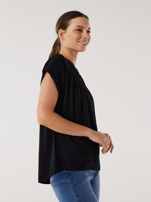 Heather Button Front Top, Black, hi-res