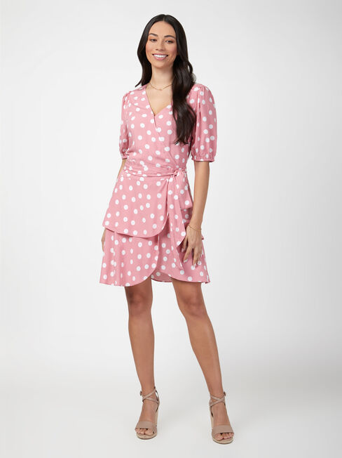 Rosie Wrap Front Dress, Pink, hi-res