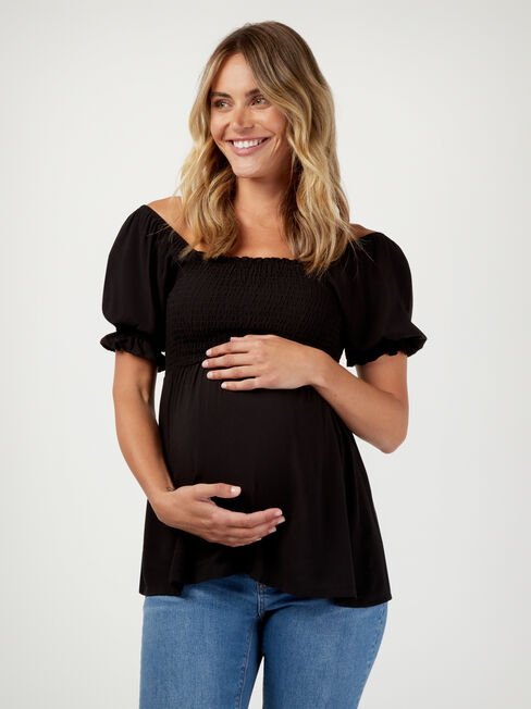 Bonnie Shirred Maternity Top, Black, hi-res