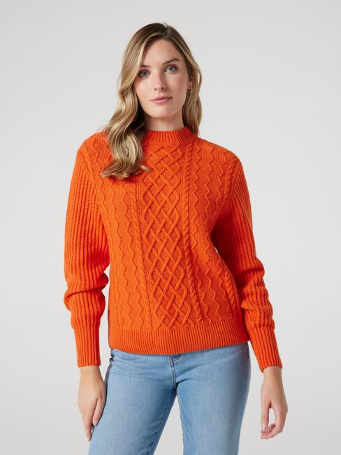 Elena Cable Knit Pullover, Orange, hi-res