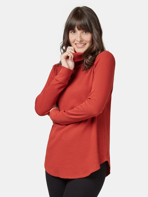 Ally Textured Stand Neck Top, Red, hi-res