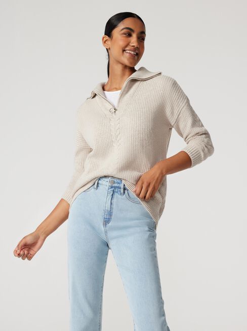 Emily Zip Front Pullover, Bone, hi-res