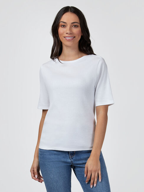 Rib Elbow Sleeve Boatneck Tee, White, hi-res