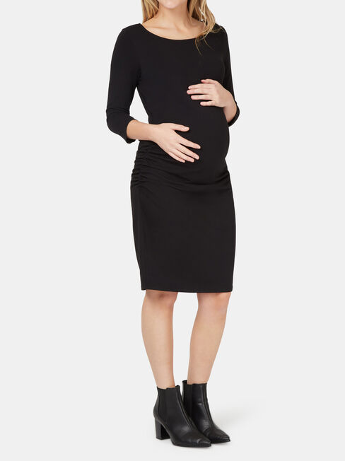 Michaela Gathered Maternity Dress, Black, hi-res