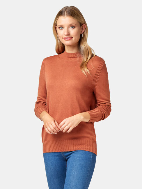 Kara Essential Funnel Neck Pullover, Brown, hi-res