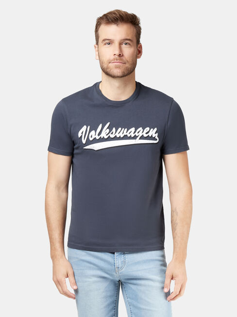 VW Logo Short Sleeve Script Print Crew Tee, Blue, hi-res