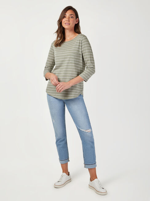 Essential Boatneck Tee, Green Stripe, hi-res