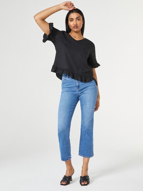 Ivy V-Neck Ruffle Top, Black, hi-res