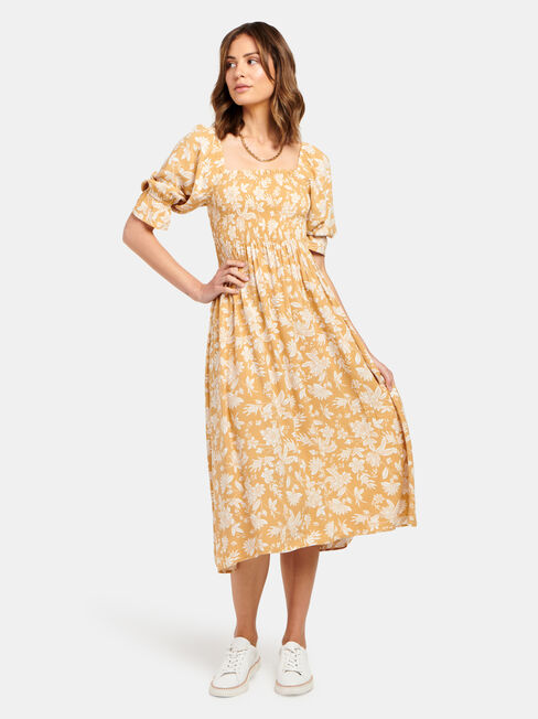 Shell Shirred Bust Dress, Yellow, hi-res