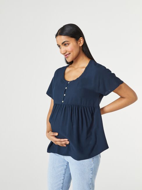 Lacey Half Button Maternity Top, Blue, hi-res