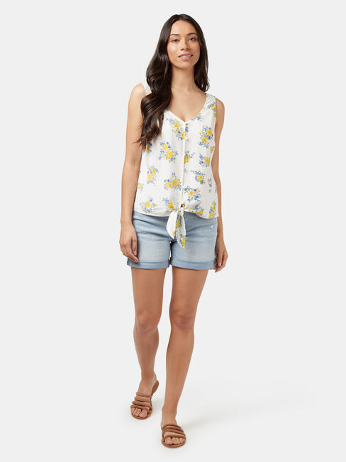 Luna Linen Blend Tie Front Tank, Print, hi-res