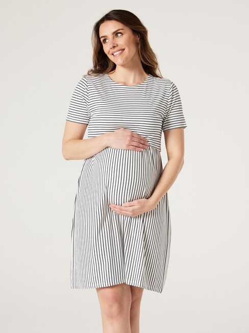 Tori Layered Maternity Dress, White & Navy Stripe, hi-res