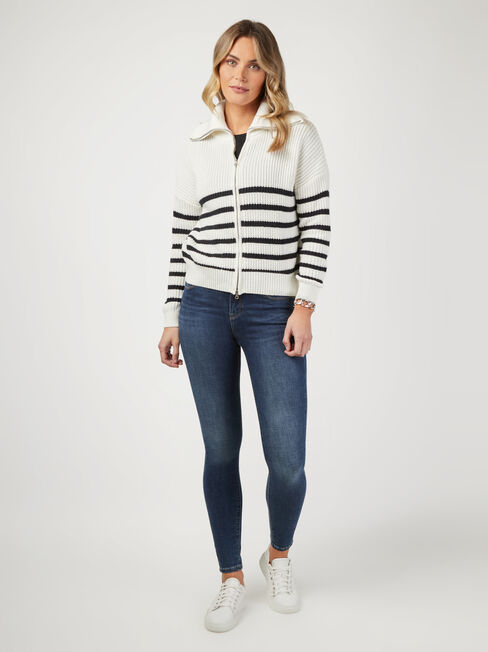 Josie Twin Zip Front Cardi, White & Navy Stripe, hi-res