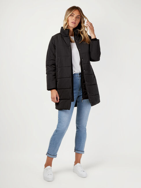 Ira Double Zip Longline Padded Jacket, Black, hi-res