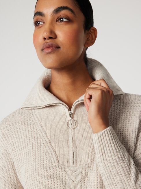 Emily Zip Front Pullover, Bone, hi-res
