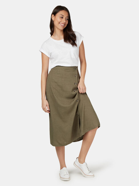 Daisy Button Front Skirt, Green, hi-res