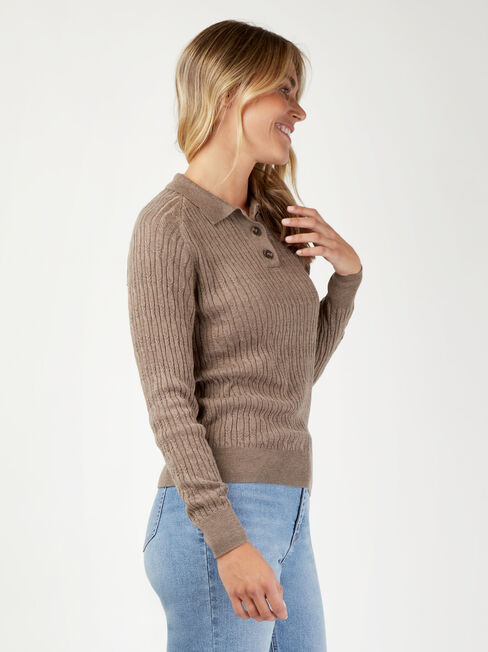 Zoey Half Button Polo Pullover, Brown, hi-res