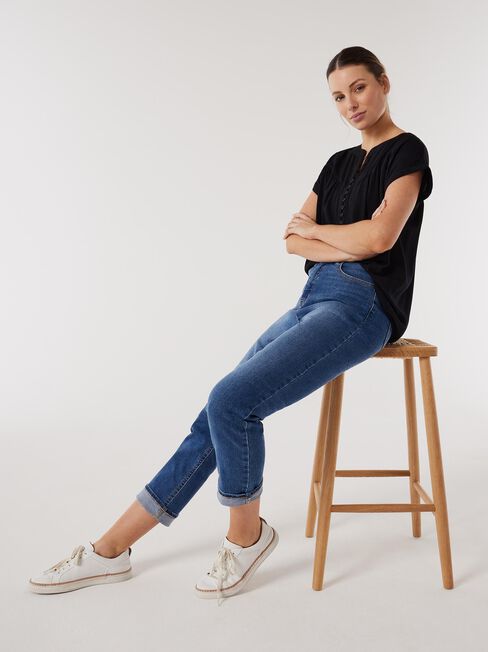 Heather Button Front Top, Black, hi-res