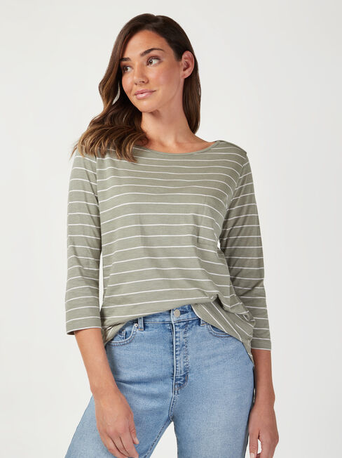 Essential Boatneck Tee, Green Stripe, hi-res