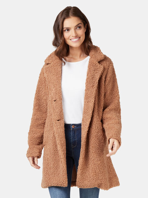 Kyra Longline Teddy Jacket, Brown, hi-res