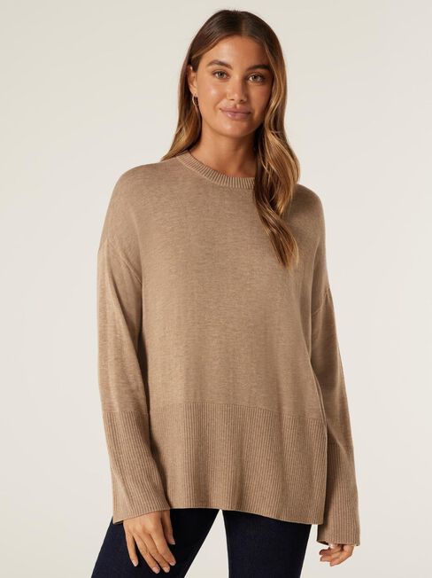 Kassie Crew Neck Boxy Knit, Camel Marle, hi-res